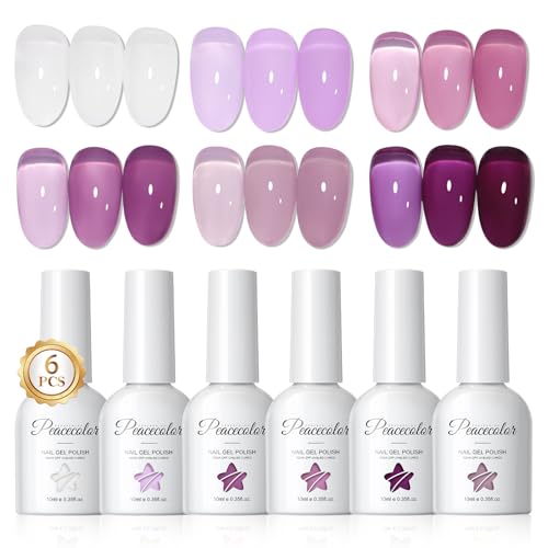 PEACECOLOR Jelly Gel Nail Polish Set, 6 Translucent Colors Purple lavender Clear Spring Summer Colors Sheer Gel Polish Set Soak Off U V Lamp Gifts for Women 10ML