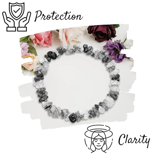 Image of Certified Black Rutilated Quartz Bracelet for Women Men with Healing Crystal and Reiki Stone - Beautiful Gemstone Beaded Bracelet for Balance, Harmony & Positive Energy (Chips Stone Beads)