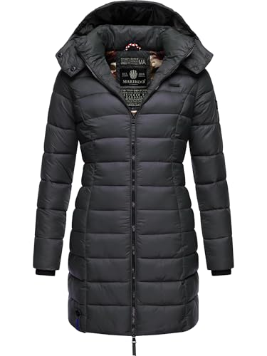 MARIKOO Damen langer Wintermantel warmer Steppmantel mit abnehmbarer Kapuze Abendsternchen Anthrazit Gr. M