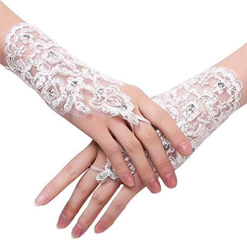 VITOGIFTRIA Bride Marriage Dress Gathered Rhinestone Lace Sequins Satin Bridal Party Gloves Driving Wedding Gloves