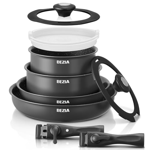 BEZIA Juego de Ollas y Sartenes 10 piezas, Batería de Cocina Antiadherente, Mango Desmontable, No Tóxico Sin PFOA, Apta para Inducción, Gas, Vitrocerámica y Horno, Apilable, Fácil de Limpiar