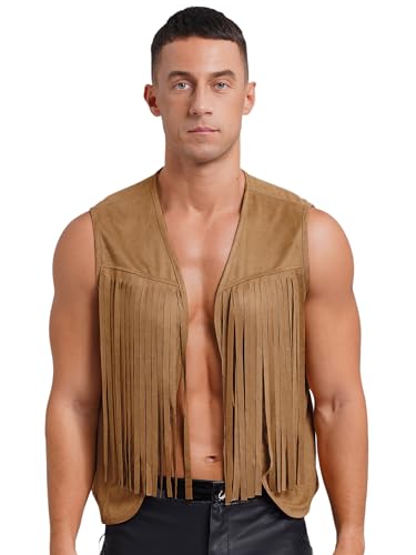 Men Cowboy Tassel Vest Faux Suede Leather Fringe Waistcoat Sleeveless Open Front Vest Jacket
