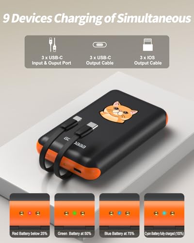 Image of GOODaaa Portable Charger, 3-Pack 10000mAh Slim Power Bank Built in Cables, 3 Outputs 1 Inputs Family Power Hub for All Mobile Devices, Charging Station Set Includes 140 DlY Stickers, for Home,Office