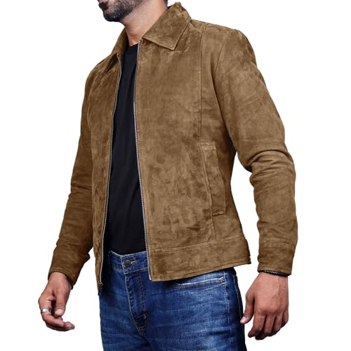 Image of Mens Polo Collar Zipper Suede Shirts Long Sleeve Shacket Suede Trucker Jacket Real Suede Leather Shirt