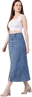 Western Regular Fit Comfortable Long Two Button Up Dobby Denim Skirt for Girls & Women Price In India