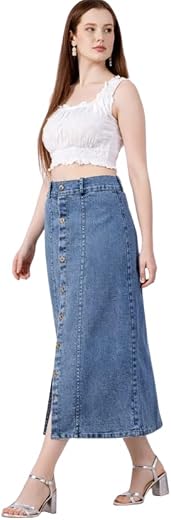 Western Regular Fit Comfortable Long Two Button Up Dobby Denim Skirt for Girls & Women