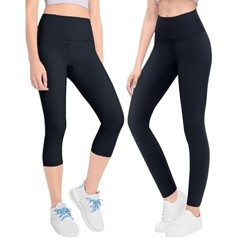 Gnainach Girls Athletic Leggings Cropped Pants Size 10-11 Years Old Solid Black Soft Stretch High Waist Running Dance Tights Cover
