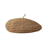 SUNTRADE Women's Knit Beret Hat, French Fashion Beret, Summer Straw Beret Bennie for Women Artist Crochet Beret (Polyester, Khaki)