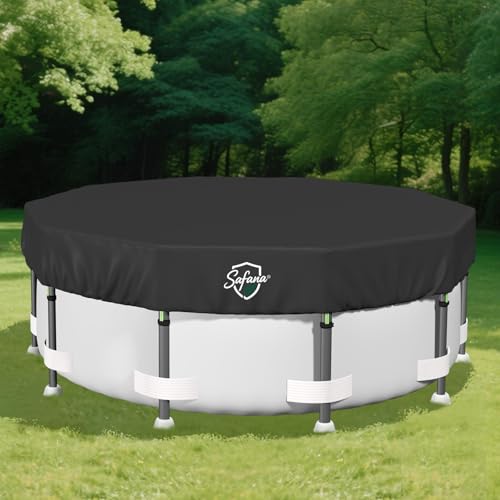 SAFANA 16FT Round Pool Covers for Above Ground Pools Round Swimming Pool Cover [Upgrade 420D Thicker] Protective Leaf Cover with Reflective Strip Tear Resistant Durability UV Resistance Black