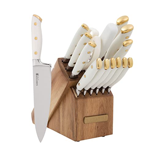 Sabatier Forged Triple Rivet Knife Block Set, 15-Piece, White And Brass #TOP4