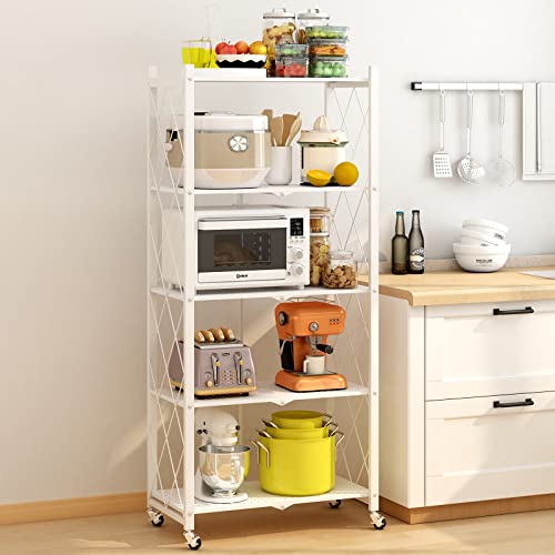 DAWNYIELD Chariot de Rangement Pliable à 5 Niveaux avec Roues Organisateur en Métal Roulant Étagère Chariot pour Cuisine-Blanc Cover