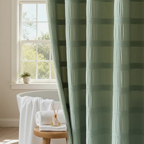 Lameirose Sage Green Shower Curtain Boho, Cotton Blend Waffle Shower Curtain Chic Textured Fabric Shower Curtains for Bathroom 72 x 72 Green