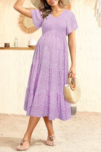 Image of Pinup Fashion Maternity Summer Dress Baby Shower Easter Pregnancy A-Line | Smocked V-neck, flutter sleeves, breathable floral fabric, bump friendly, perfect for photoshoot, spring casual,postpartum