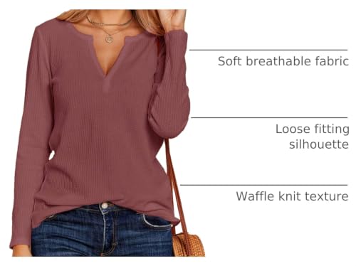 Image of Dellytop Women V Neck Waffle Knit Shirts Long Sleeve Tops Sweater Pullovers