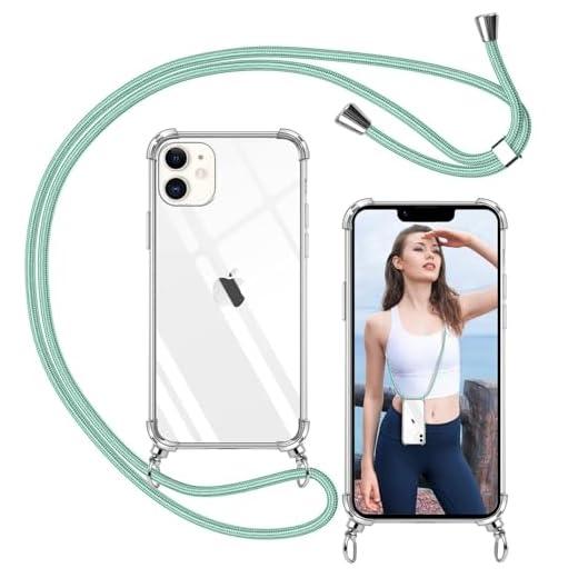 ISOI - Funda con Cuerda para iPhone 12, Colgante Ajustable Collar Correa de Cuello Cadena, Carcasa Transparente Cordón Suave TPU Silicona, con Parachoques de Airbag a Prueba de Golpes- Verde