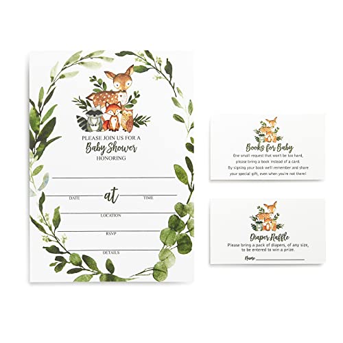 25 Wreath Woodlands Greenery Baby Shower Invitations (Large Size 5X7 Inches), Diaper Raffle Tickets, Baby Shower Book Request Cards With Envelopes Woodland Creature Invites Neutral Baby Showers Fox #TOP2