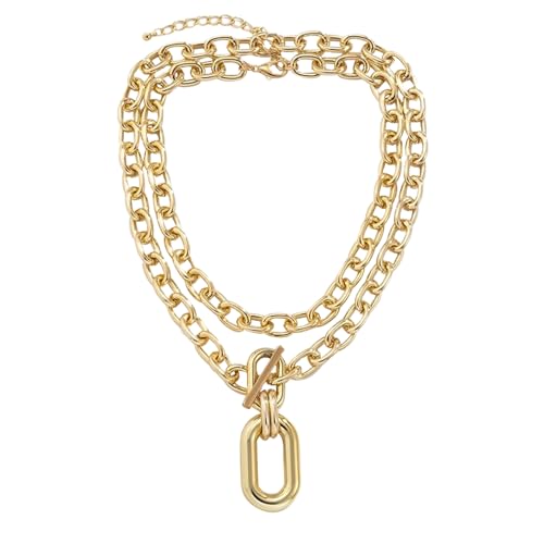 ABJFJE 2Pcs Gold Layered Chunky Chain Choker Necklace with Carabiner Clasp Oval Pendant Neckalces Retro Punk Jewelry for Women Gift