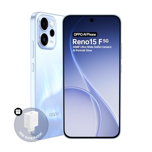 OPPO Reno15 F Smartphone, 8GB 256GB, Batería de 6500mAh, 80W SUPERVOOC, Pantalla AMOLED de 120Hz, Cámara Frontal Ultra Gran Angular de 50MP y Cámara AI, Snapdragon 6 Gen 1, IP69, Azul Aurora