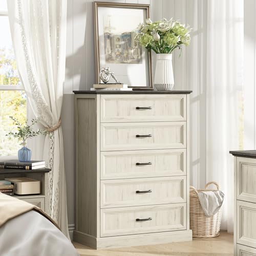 Farmhouse 5 Drawers Dresser for Bedroom, 44\" Tall White Dresser Wood Rustic Chest of Drawers with Wide Metal Handle,Natural Texture,Drawer Organizer for Bedroom,Living Room,Hallway and Entryway