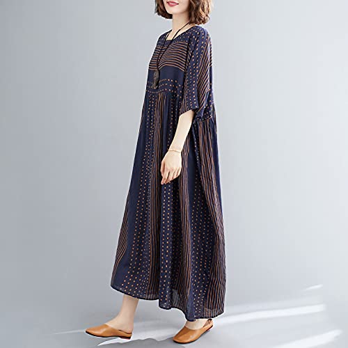 Domary Vestido feminino vintage de linho de algodão com estampa listrada O pescoço, meia manga, bols