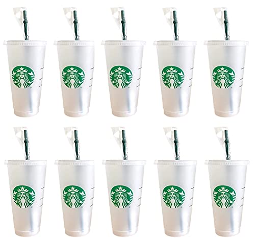 Starbuck 10 Pack Bundle - Reusable Frosted 24 oz Cold Cup with Lid and Green Straw w/Stopper