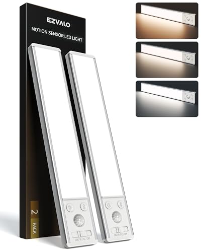 EZVALO 10inch Under Cabinet Lighting, 2500mAh Rechargeable Motion Sensor Lights Indoor with 3 Color Temps, 2 Pack Magnetic Closet Light, 80 LED Dimmable Under Counter Lights for Kitchen, Shelf, Stair