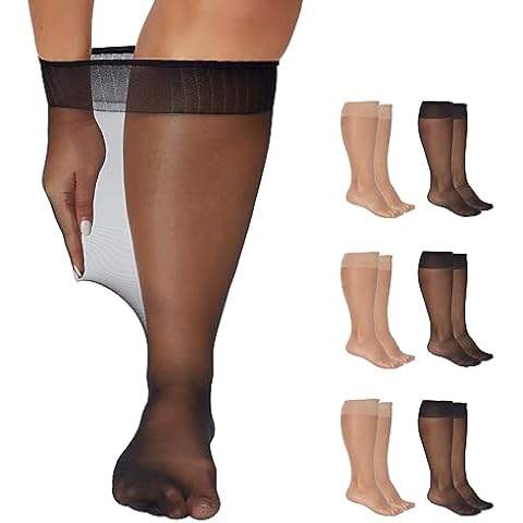 Yilanmy Plus Size Knee High Socks for Women Nylon Sheer Trouser Socks 6Pairs (Natural+Black,XXXL-XXXXL) Cover