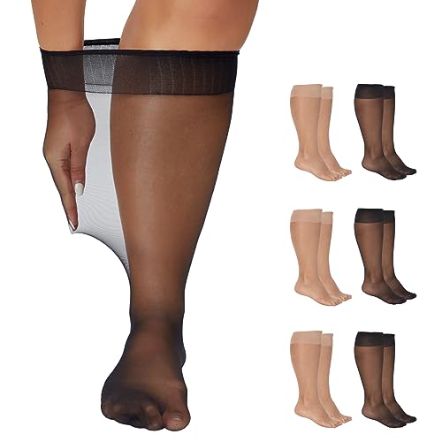 Yilanmy 6 Pairs Plus Size Knee High Stockings for Women Sheer Trouser Socks