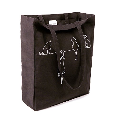 Andes Heavy Duty Canvas Tote Bag, Handmade From 12-Ounce 100% Natural Cotton, Perfect For Shopping, Laptop, School Books (4 Cats At Home Black) #TOP1