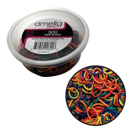 Amelia Beauty 500 Count Small Rubber Bands for Hair Rainbow Mix - Made in USA - Recloseable Container - Mini Hair Elastics for Braids Ponytails Cornrows & Twists Strong Hold Ponytail Holders