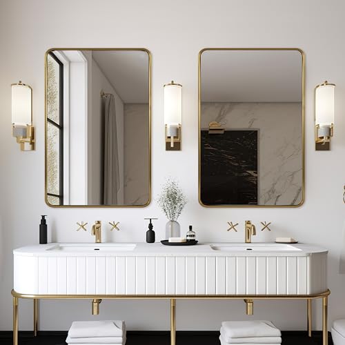 Image of ANDY STAR 48x32 Inch Gold Bathroom Mirror, Brushed Gold Mirrors for Wall in Anti-Rust SUS304 Tube Metal Frame, Rounded Rectangle Mirrors 1'' Deep Wall Mounted Vertically /Horizontal for Bathroom
