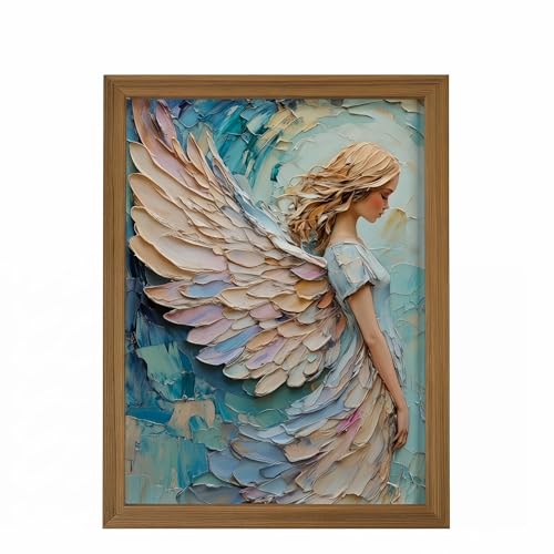 Praying Angel Wall Art – Spiritual Canvas Print, Colored Winged Angel Oil Painting Style Christian Religious Picture poster，Spiritual Blue and Pastel Tones Wall Decor for Bedroom, Prayer Room, Christian Gift, Wood Frame 12x16in