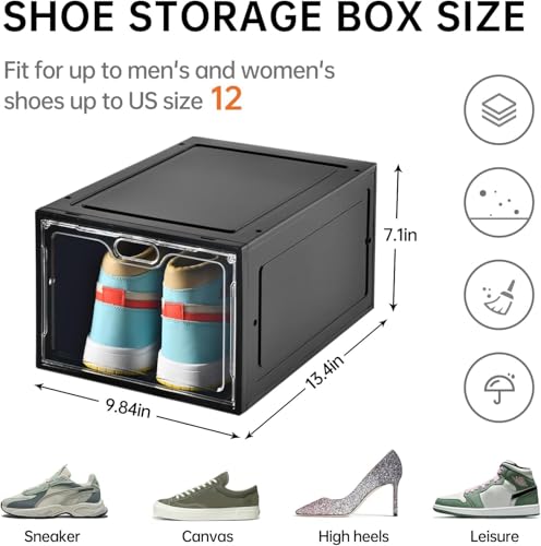 Image of INSTY 12 Pack Large Shoe Storage Box, Clear Shoe Storage Organizer with Magnetic Door, Stackable,Shoe Containers For Display Sneakers, Easy Assembly, Fit up to US Size 12, Black