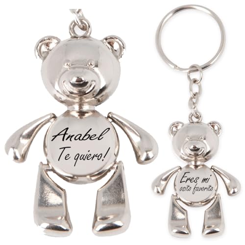 ibera gifts - Llavero Personalizado Con Nombre Grabado Láser Texto Metal Osito Regalo Original Para Pareja Familia Amigos Hombre Mujer Cumpleaños Aniversario Niños Bolsillo
