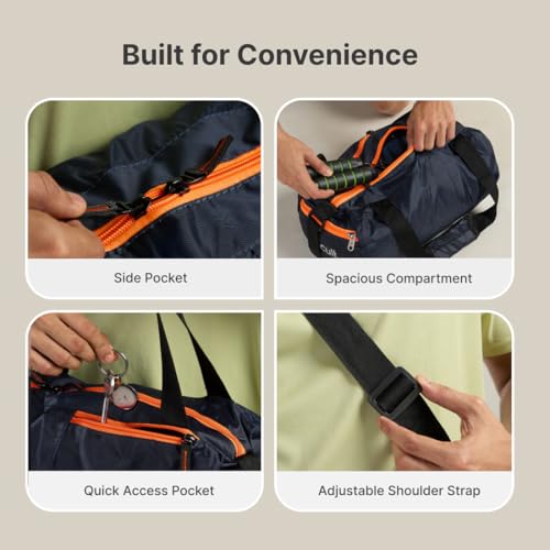 Image of Cult 20 Litre Gym /Duffle Bag for Men & Women - Water Resistant Travel Bag with Spacious Main Compartment, Side Mesh Pocket, Adjustable Shoulder Strap & Durable Zippers - Navy Orange