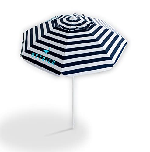 Ostrich 7' Portable Beach Umbrella with Sand Anchor, Hanging Hooks, Tilt Pole, Carry Bag, Air Vent (Navy Blue & White Stripe)