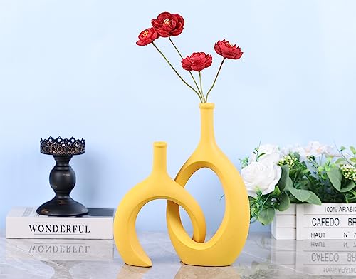 Vase en céramique jaune moutarde rond : objet déco bohème moderne salon