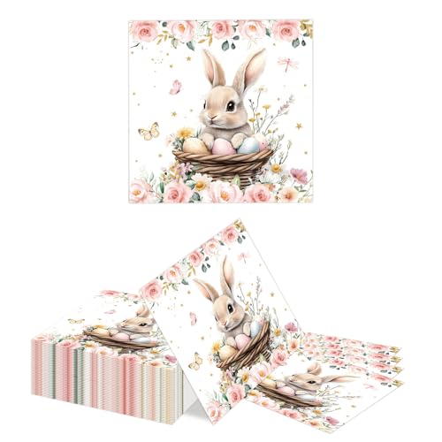 Kotkiddy 40 Pièces Serviettes en Papier Thème Lapin de Pâques Jetables Rose Fleurs et Papillons Design Serviettes Lapins Oeufs de Pâques pour Découpage...