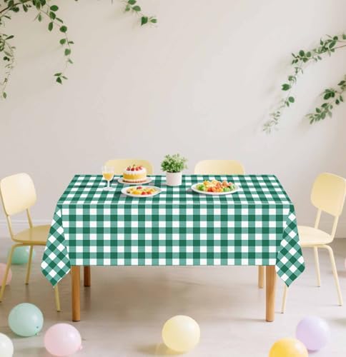 Image of SietDESEO 6 Pack Green Gingham Tablecloth Rectangle 54 x 108 Green and White Checkered Table Cloth Disposable Plaid Table Cover Plastic for Birthday Baby Shower Picnic Wedding Party Supplies