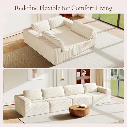Image of Vesgantti 159 inch Modular Sectional Sofa, Corduroy Cloud Couch with Extra Deep Seats & Spring Support, Flexible Layout 4-Seater Boneless Couch, No Assembly Required, Beige