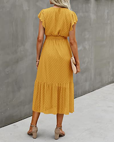 Image of BTFBM Women Summer Casual Wrap V Neck Ruffle Cap Sleeve Belted Midi Dress