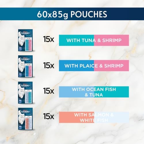 GOURMET Perle Ocean Collection Adult Wet Cat Food Mini Fillets in Gravy Tuna, Shrimp, Plaice, Salmon, White fish, Ocean Fish 40 x 85g Pouches - View 5