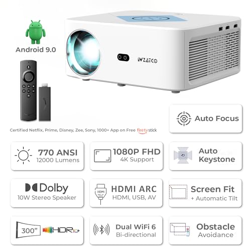 WZATCO Alpha 3 Android + FTS (Certified Netflix, Prime, Hotstar and More), Full HD 1080P Native, 12000L (770 ANSI), Dolby, HDMI ARC, Fully Automatic | Projector for Home 4K | White view 2