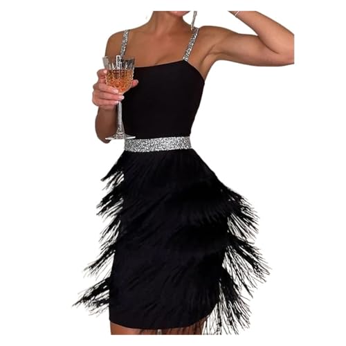 Vestido Flecos Vestido de Fiesta Midi sin Mangas con Tirantes y Escote bajo Sexy con borlas for Mujer para Mujer(Black,XL)
