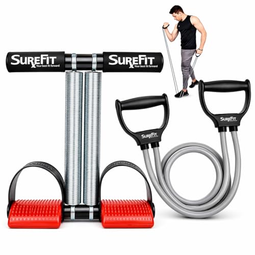 Image of SUREFIT Double Spring Tummy Trimmer with Resistance Tube - Heavy Duty Full Body Workout Abdominal Exerciser-Standard Size (Red)