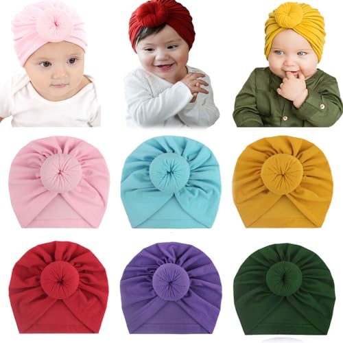 Image of LUKPOW 6 Pack of Solid Color Cotton Elastic Soft Cute Donut Turban Hat Cap Bow Beanie Bonnet Suitable for Newborn Children Infants and Children
