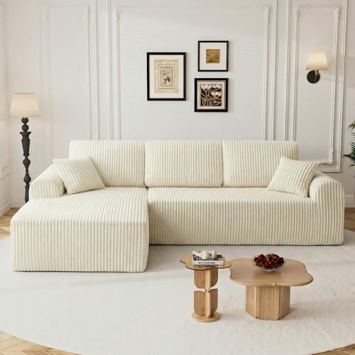 Image of 110 inch L Shaped Boneless Sectional Couches for Living Room, Comfy Corduroy Floor Cloud Sofa with Chaise, Wide Armrest, Deep Seat, Memory Foam, Assembly Free, Ideal for Small Spaces, Beige