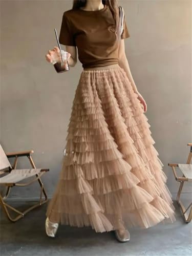 Women Layered Ruffles Mesh Sheet Midi Long A Line Skirts3