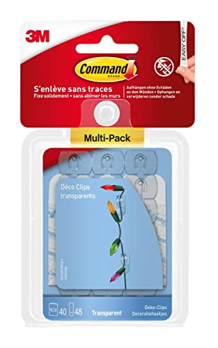 Command Dekorations-Clips Transparent Vorteilspack mit 40 Minihaken und 48 Kleinen Klebestreifen - Dekorieren ohne Löcher und Bohren
