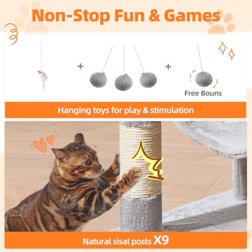 Image of Taoqimiao Large Cat Tree, 73 in Tall Cat Tower with 2 Plush Big Cat Condos | 9 Scratching Posts, 2 Top Perches, Cozy Hammock & Basket, Indoor Cats, 2 Pompoms & Mouse Toy, Light Gray, MS013XLW